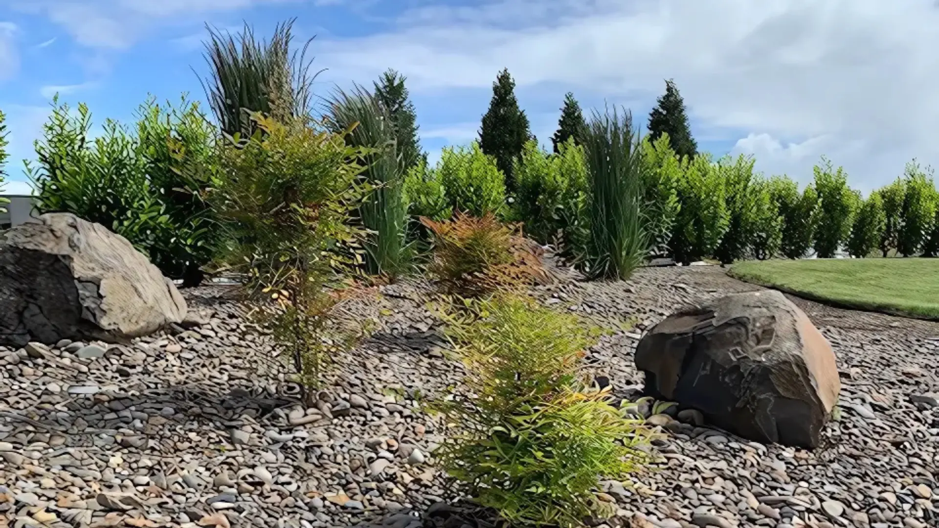 Commercial plaza with sustainable landscaping, featuring drought-resistant plants and efficient irrigation by AR Landscape