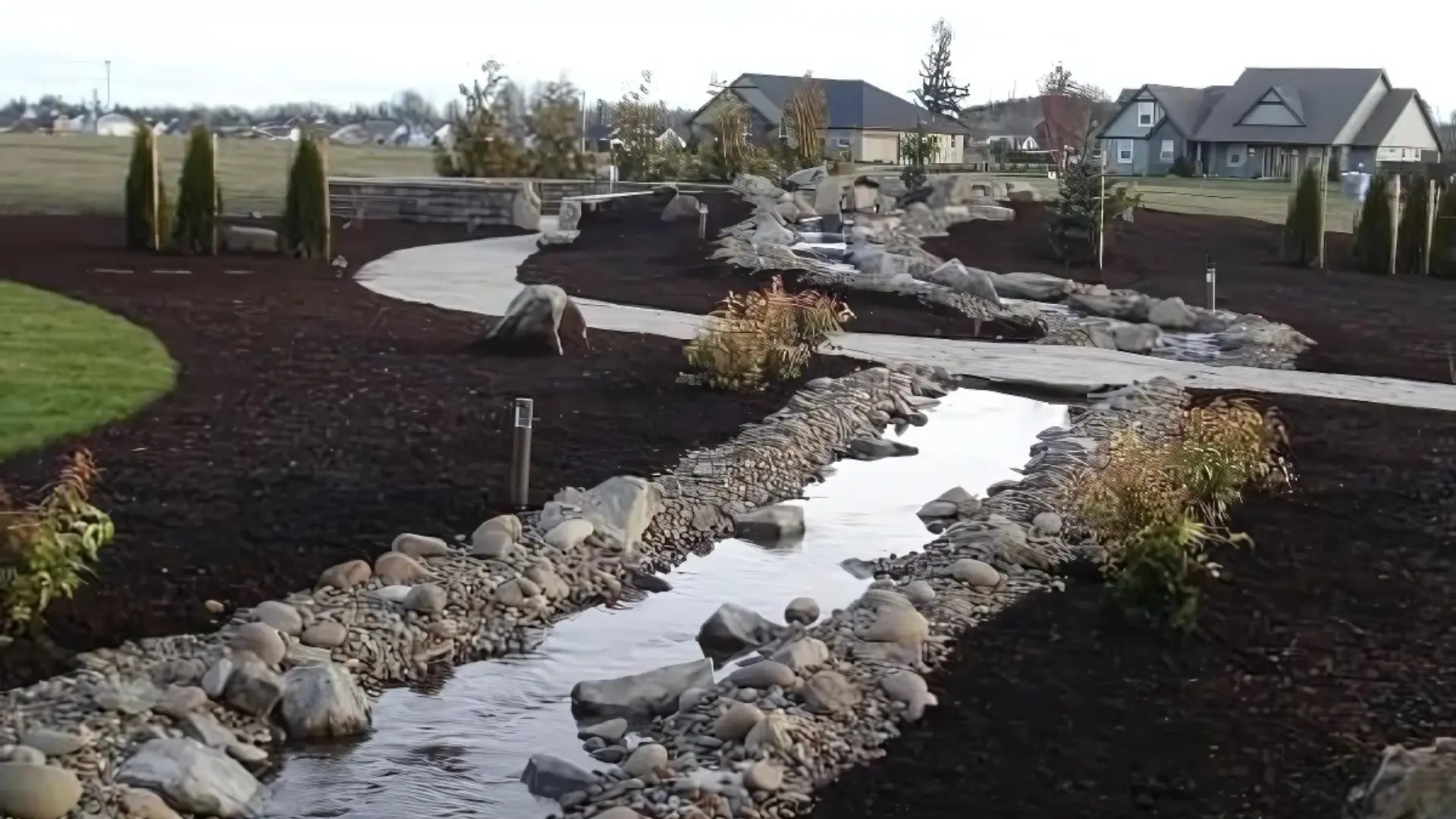 Landscaped meandering stream with stone borders flowing through a manicured property with decorative rocks and new plantings